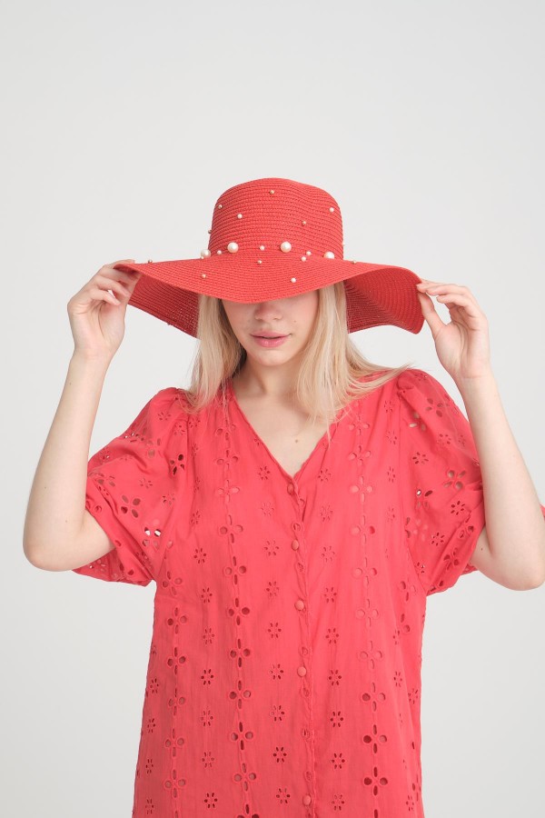 14232-10 Üzeri İncili Kırmızı Geniş Hasır Şapka