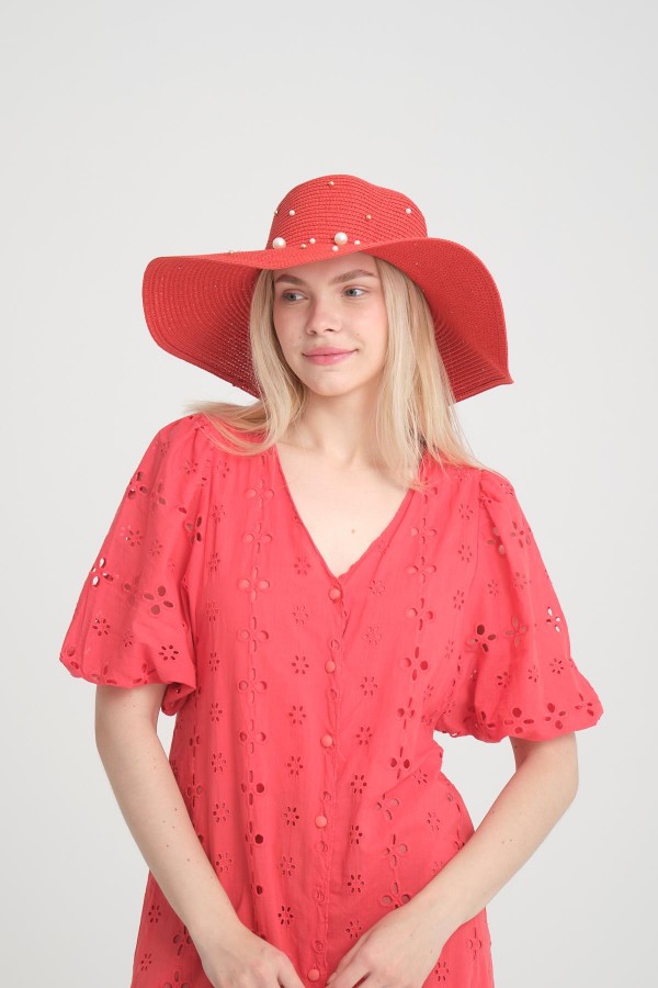 14232-10 Üzeri İncili Kırmızı Geniş Hasır Şapka