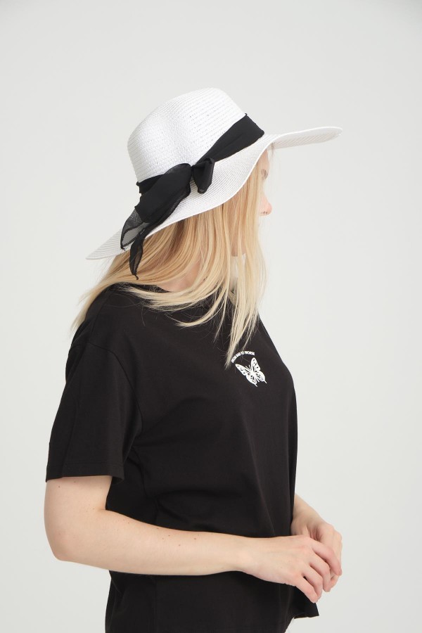 14232-18 Fiyonk Detaylı Beyaz Geniş Hasır Şapka