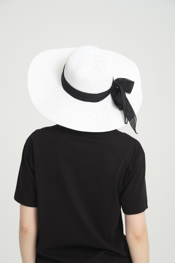 14232-18 Fiyonk Detaylı Beyaz Geniş Hasır Şapka