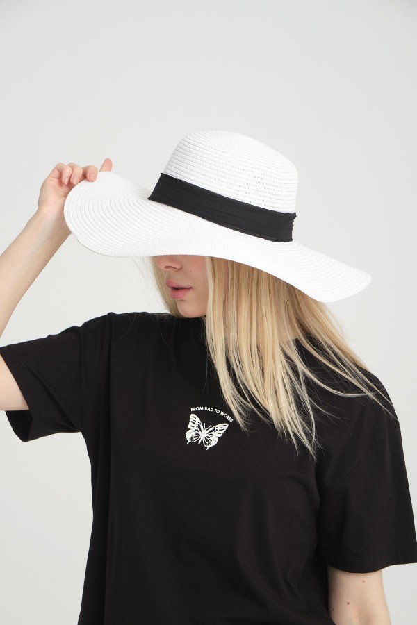 14232-18 Fiyonk Detaylı Beyaz Geniş Hasır Şapka