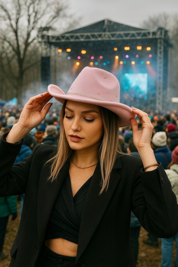 14673 Pink Panama Fedora Hat with Stoned Pearl Ribbon