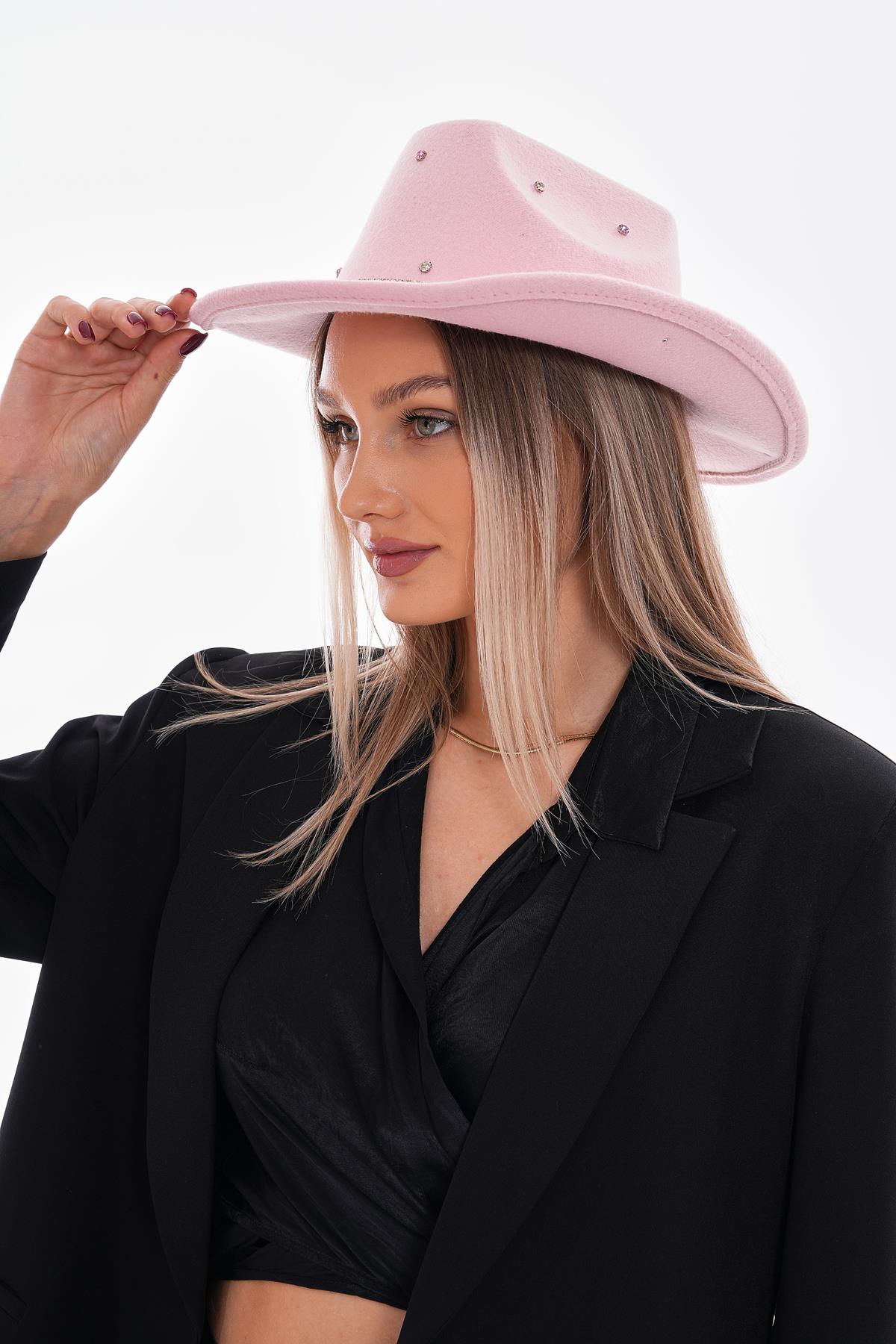 14673 Pink Panama Fedora Hat with Stoned Pearl Ribbon