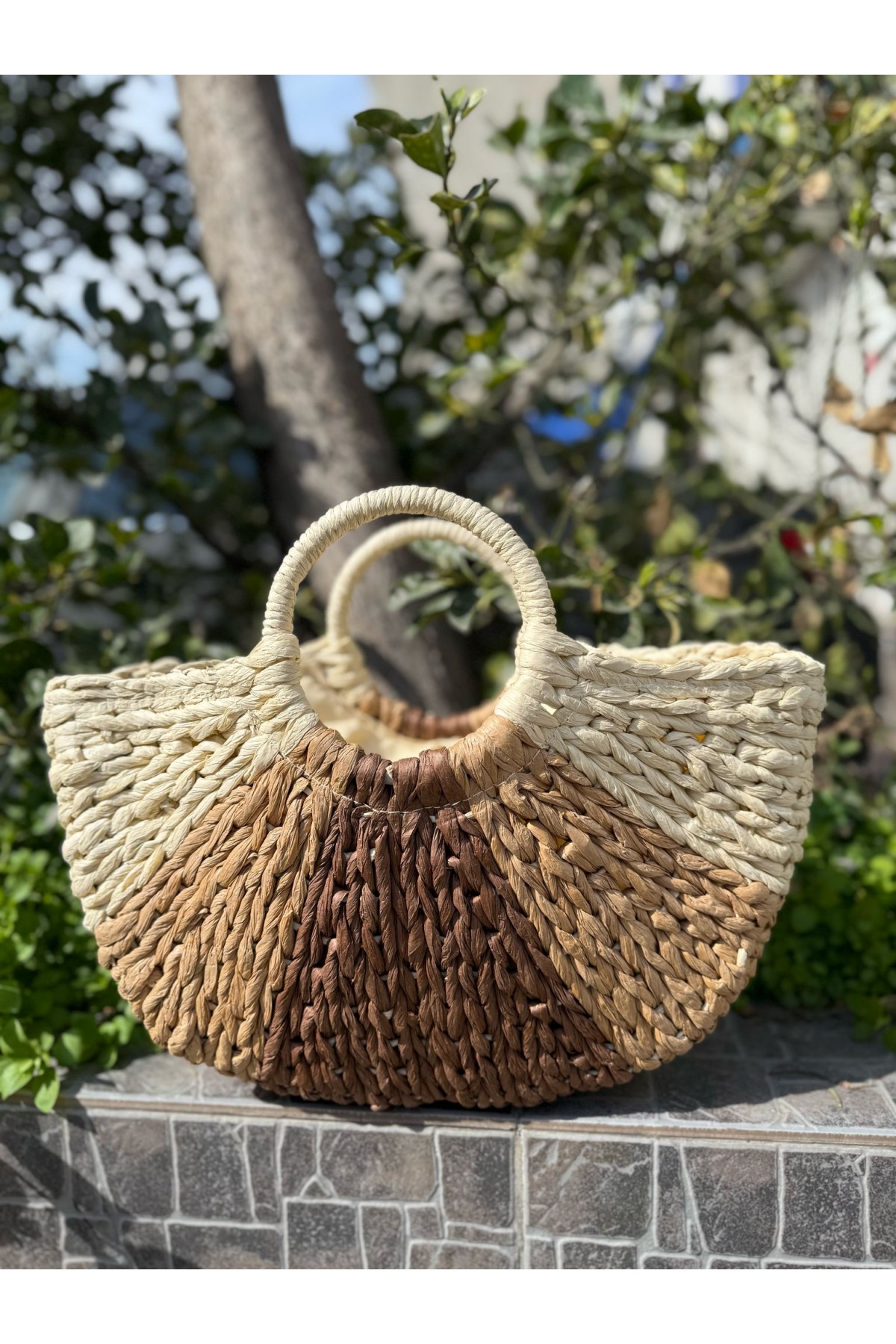 NWC-1032 El Örgülü Bej Hasır Çanta