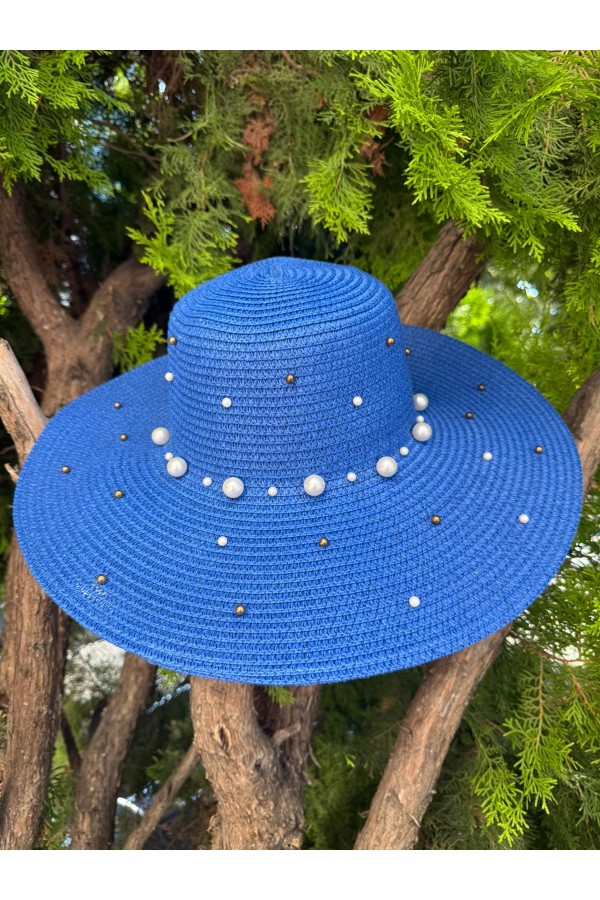 14232-10 Üzeri İncili Sax Mavi Geniş Hasır Şapka