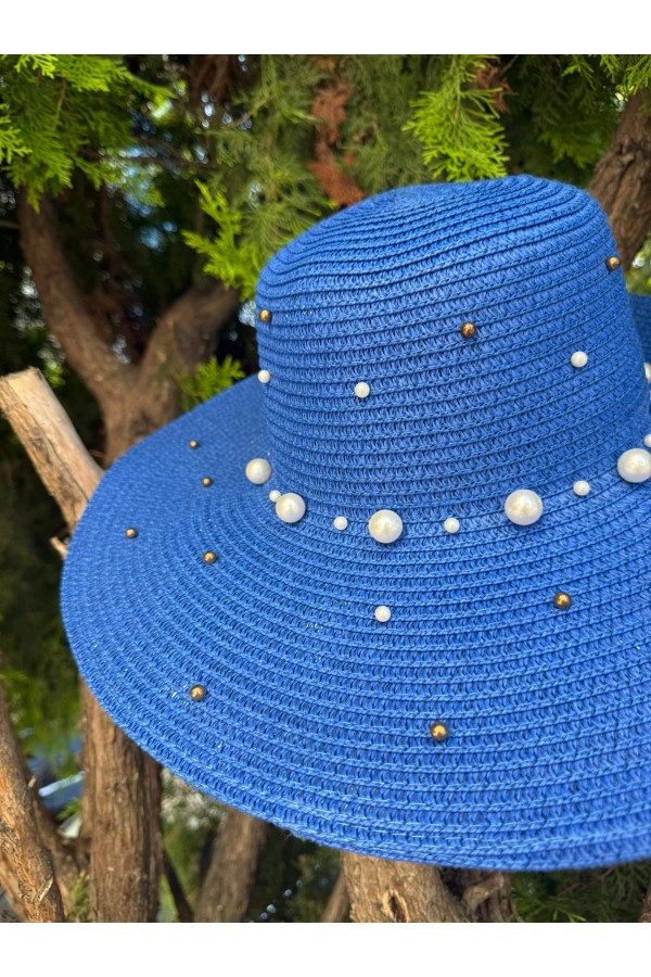 14232-10 Üzeri İncili Sax Mavi Geniş Hasır Şapka