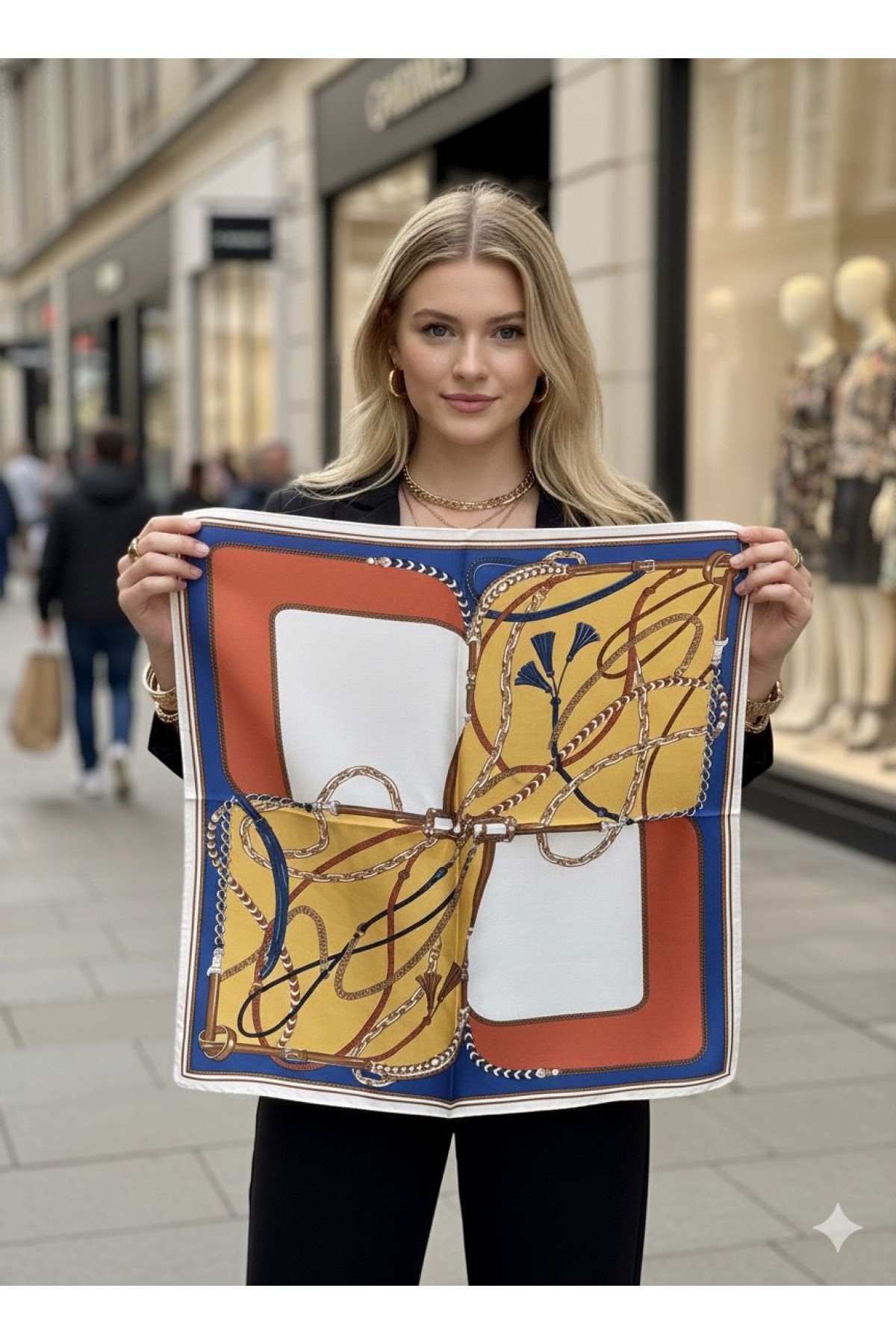 14837 Zincir ve Püskül Desenli Sax Mavi Bandana Fular 70x70 cm
