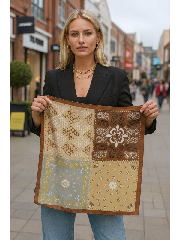 14890 Ethnic and Geometric Motif Brown Bandana Scarf 70x70 cm