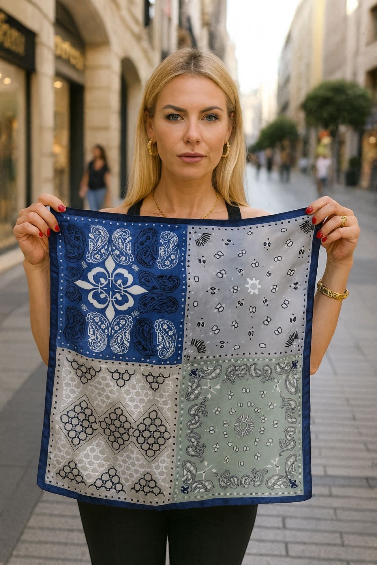 14890 Blue Bandana Scarf with Ethnic and Geometric Motifs 70x70 cm