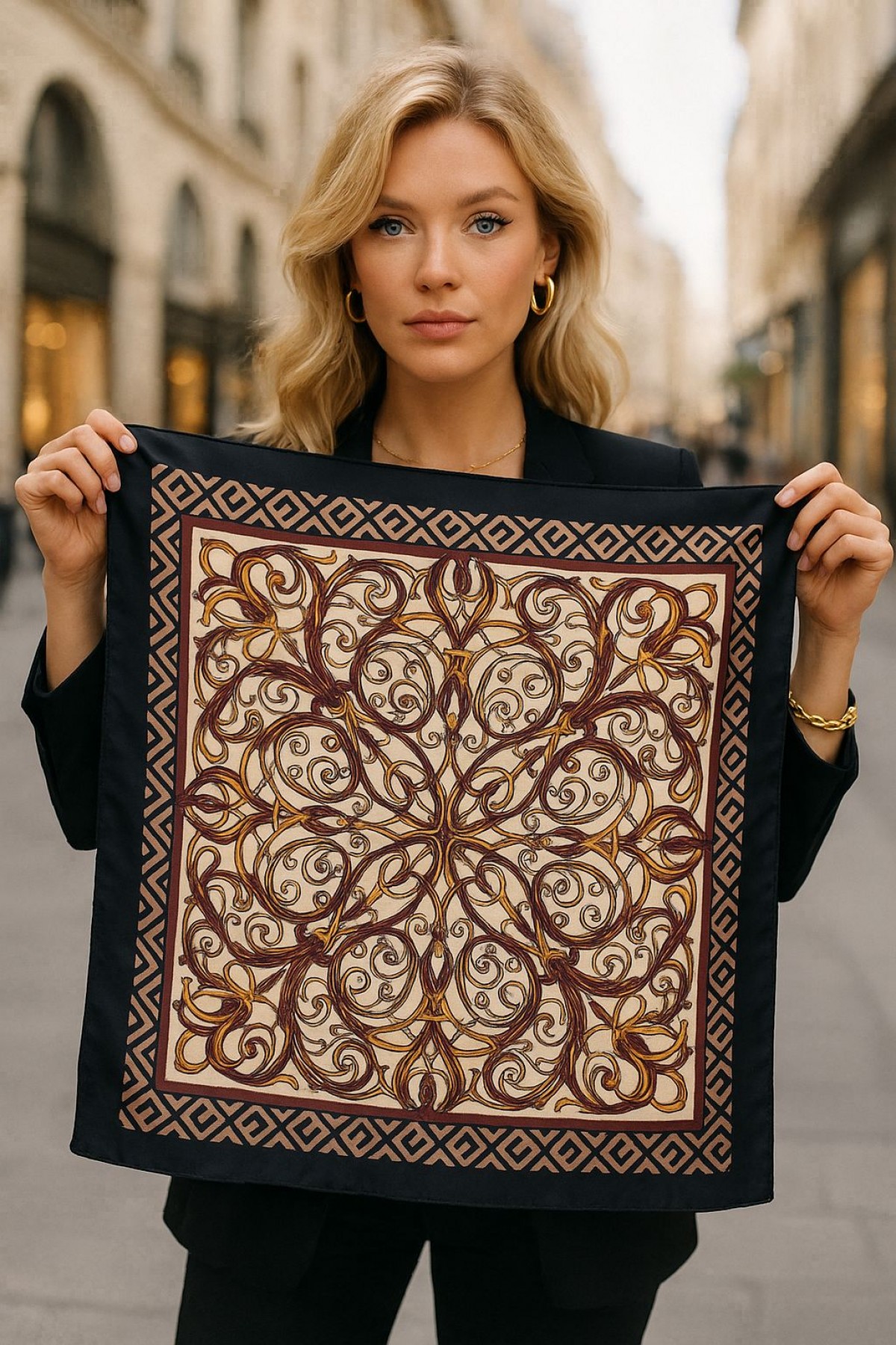 14892 Black Bandana Scarf with Curved Symmetrical Motif 70x70 cm