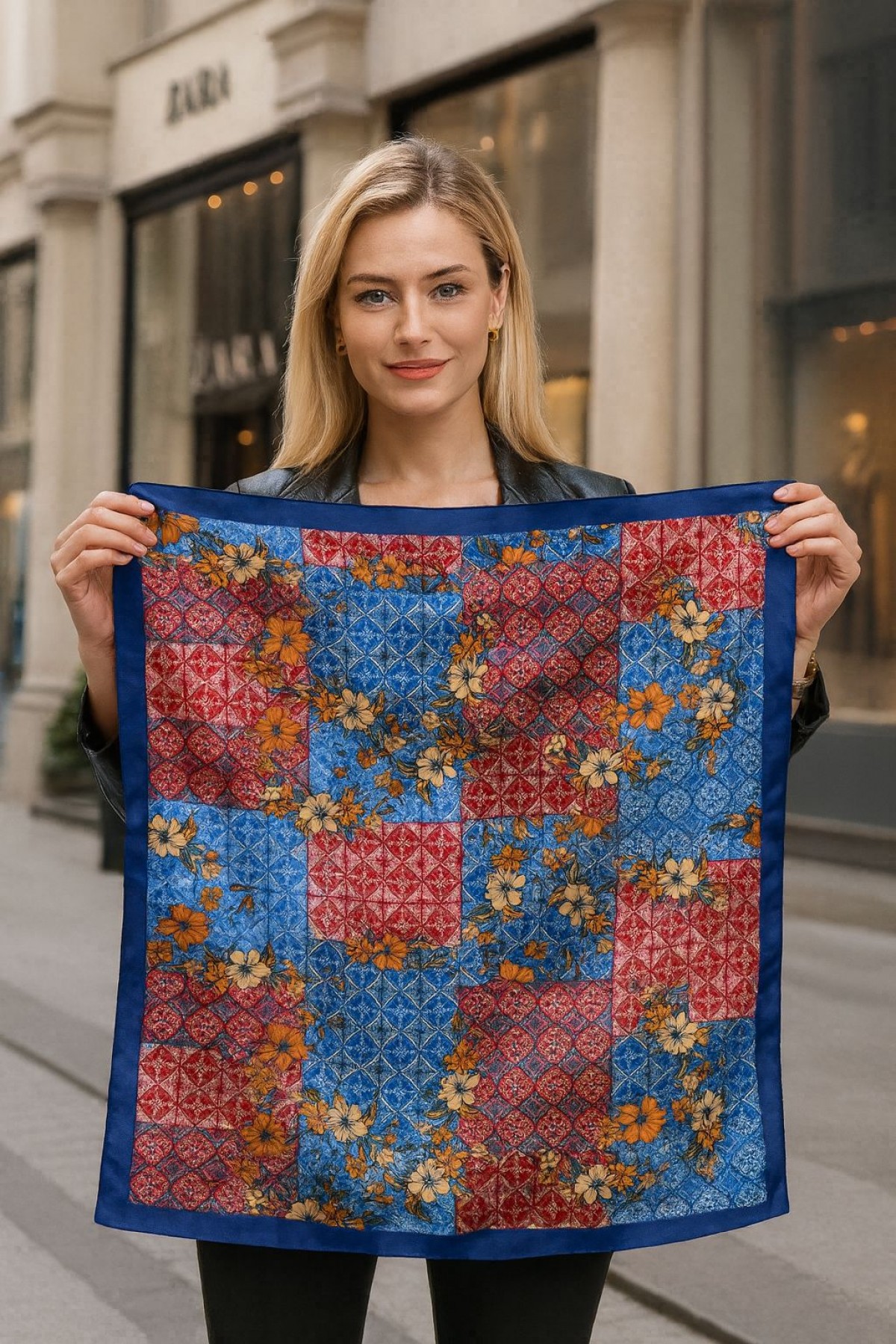 14930 Navy Blue Floral Patterned Bandana Scarf 90x90 cm