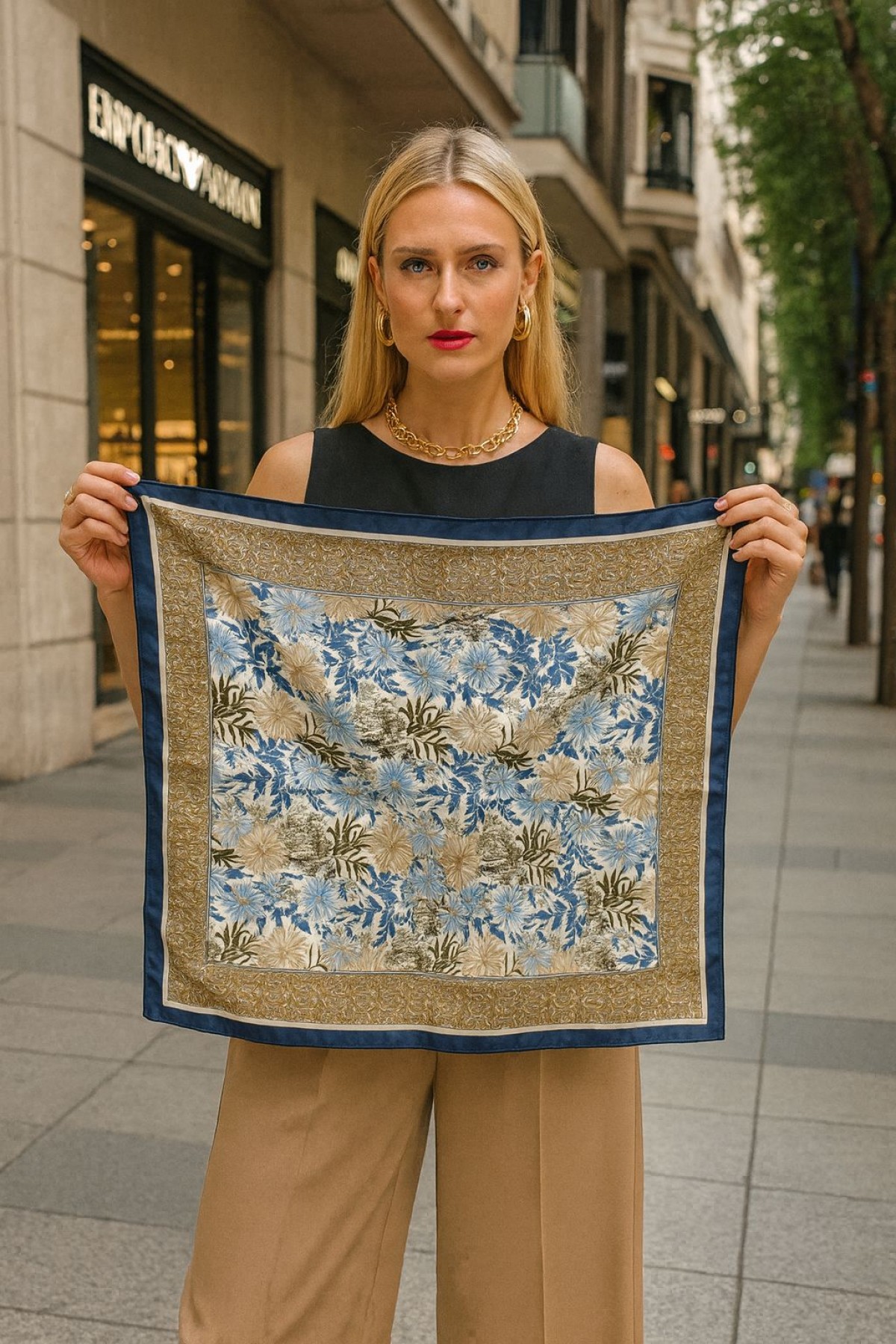 14895 Shawl Patterned Navy Blue Bandana Scarf 70x70 cm