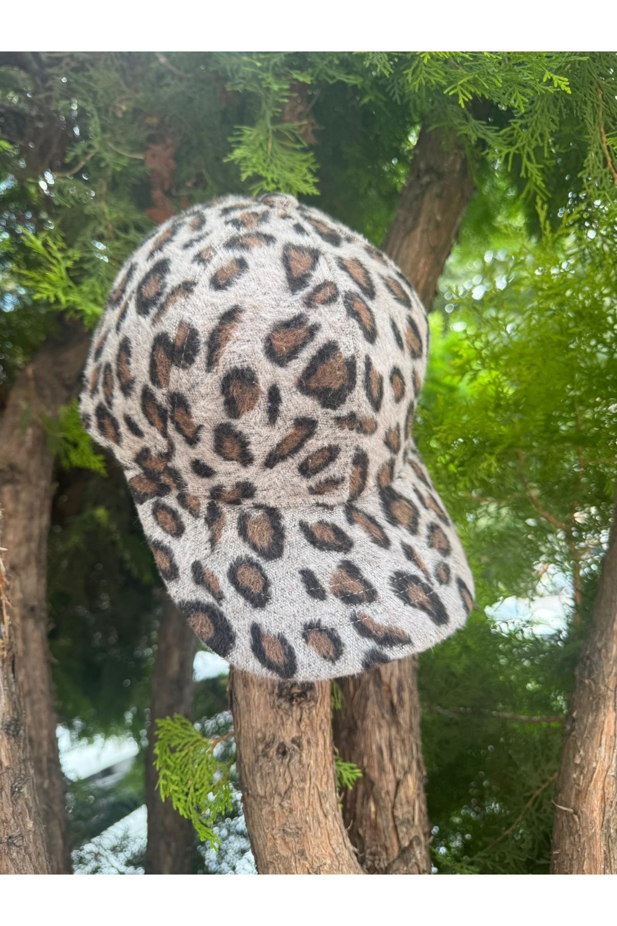 14796 Kırçıllı Leopar Desenli Gri Kep Şapka