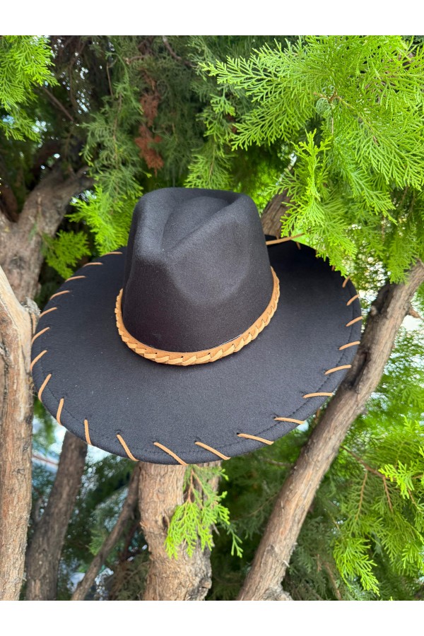 14900 Black Fedora Hat with Suede Edge and Leather Accessories