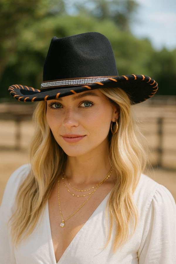14901 Black Fedora Hat with Suede Edge and Leather Accessories