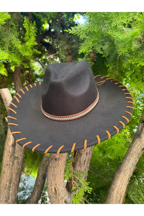 14901 Black Fedora Hat with Suede Edge and Leather Accessories