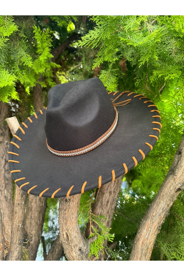 14901 Black Fedora Hat with Suede Edge and Leather Accessories