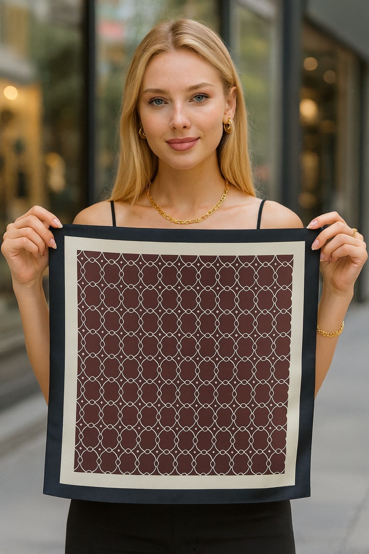 15359 Zincir Desenli Siyah Bandana Fular 50x50 cm