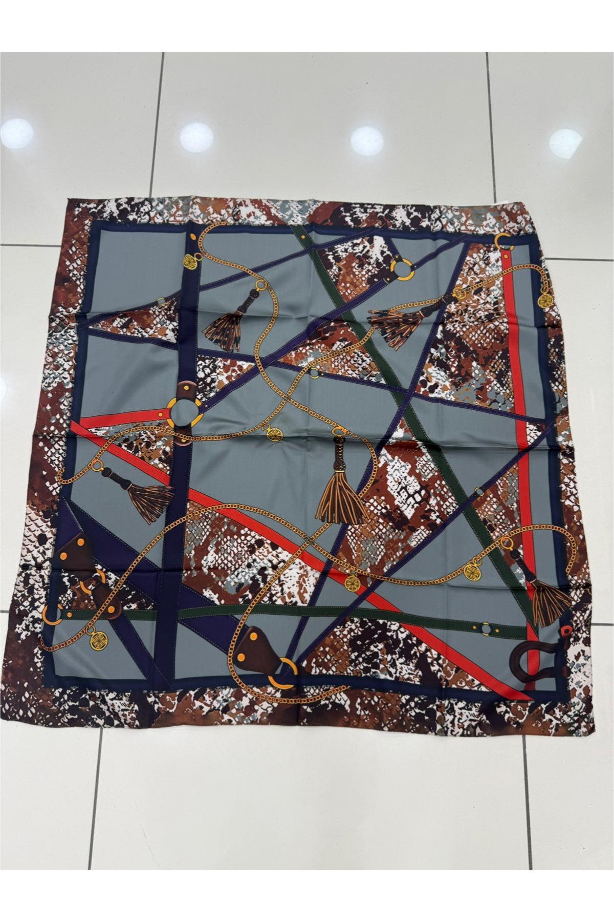 15358 Chain Patterned Navy Blue Bandana Scarf 90x90 cm