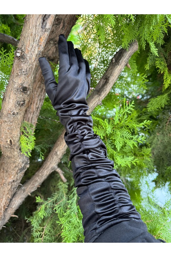 E0007 Siyah Katlı Uzun Eldiven 55 cm