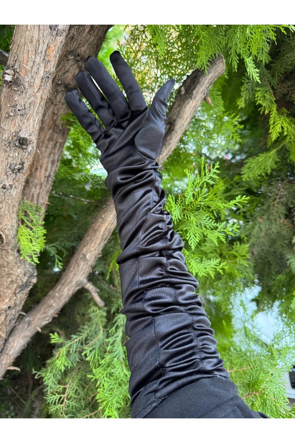E0007 Siyah Katlı Uzun Eldiven 55 cm