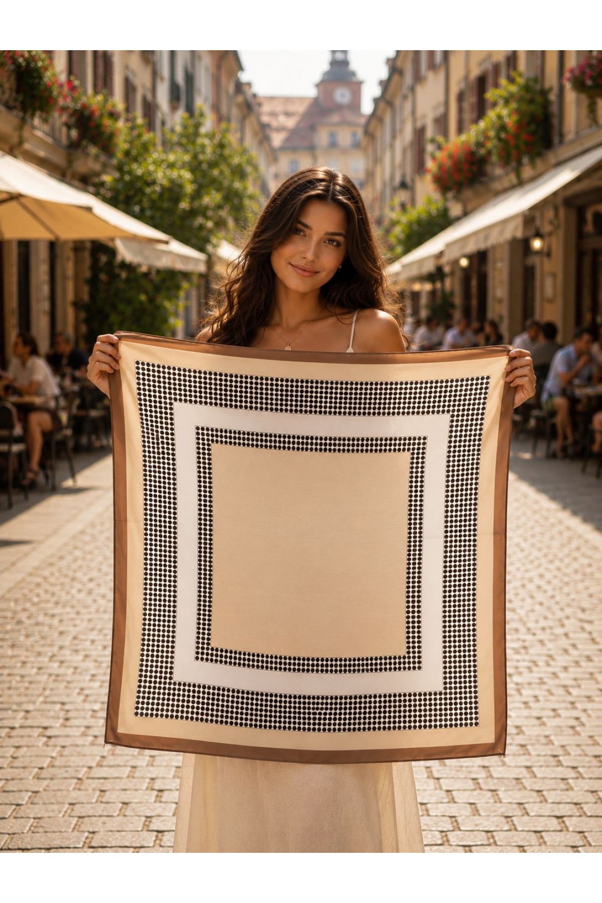 15344 Puantiyeli Bej Bandana Fular 70x70 cm