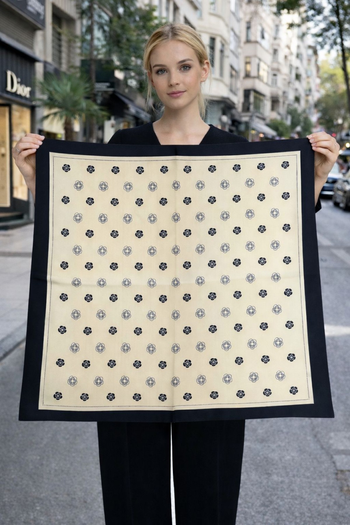 15353 Puantiye Desenli Krem Bandana Fular 70x70 cm