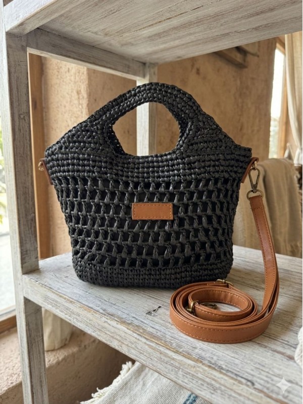 NWC-1061 Siyah Çıtçıtlı Hasır Çanta 30x26x7 cm