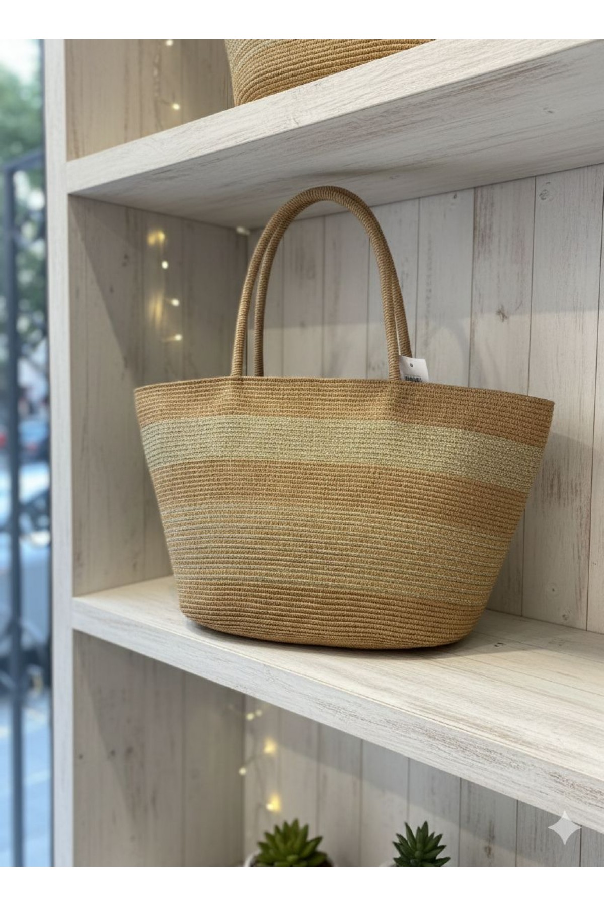 NWC-1068 Camel Çizgili Hasır Çanta 54x30 cm