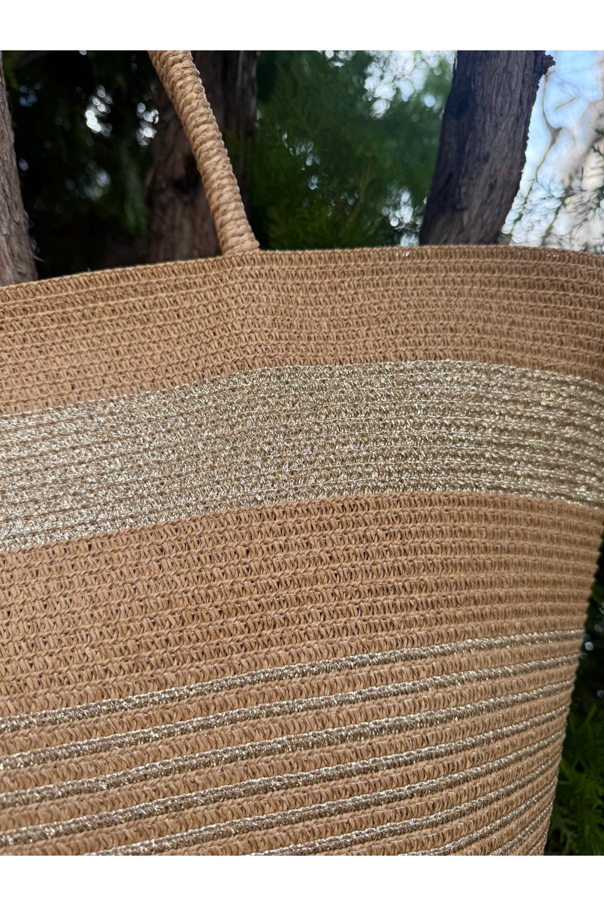 NWC-1068 Camel Çizgili Hasır Çanta 54x30 cm