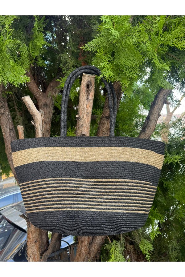 NWC-1068 Siyah Çizgili Hasır Çanta 54x30 cm