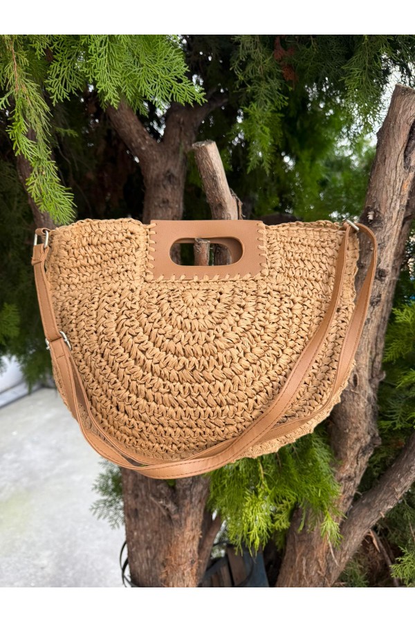 NWC-1070 Camel Fermuarlı Hasır Çanta