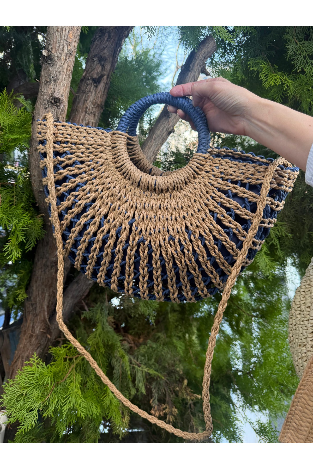 NWC-1071 Lacivert Fermuarlı Hasır Çanta 43x36,5 cm