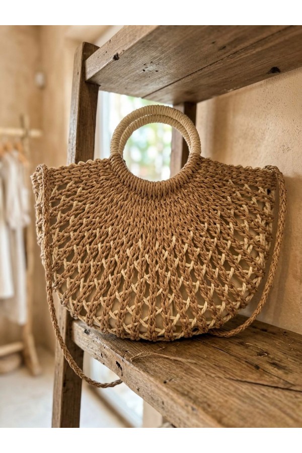 NWC-1071 Camel Fermuarlı Hasır Çanta 43x36,5 cm