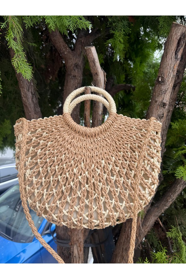 NWC-1071 Camel Fermuarlı Hasır Çanta 43x36,5 cm