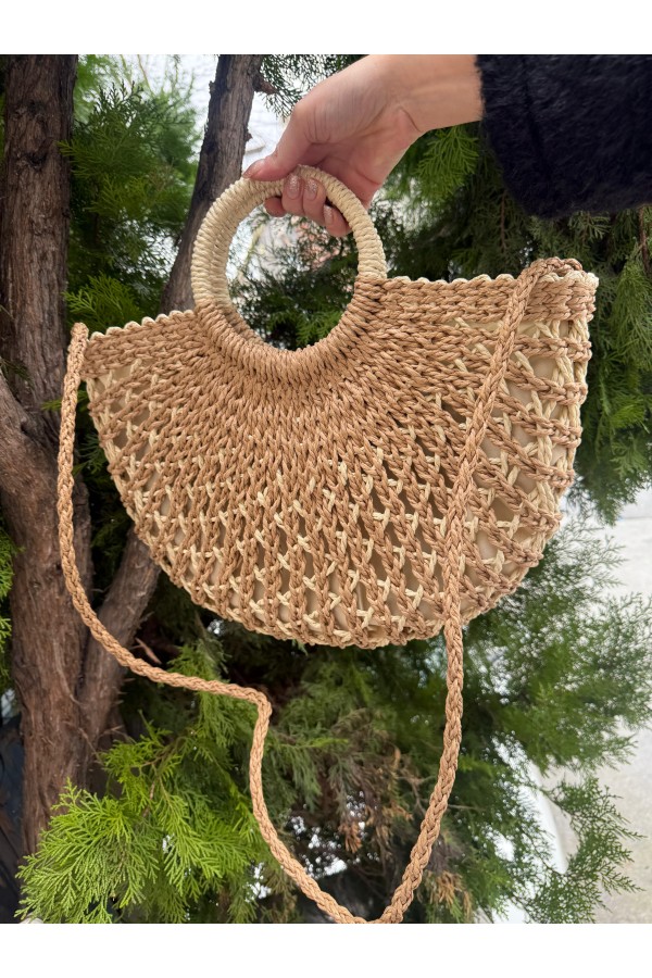 NWC-1071 Camel Fermuarlı Hasır Çanta 43x36,5 cm