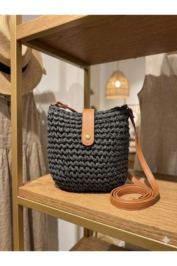 NWC-1077 Siyah El Örgüsü Hasır Çanta 24x23 cm