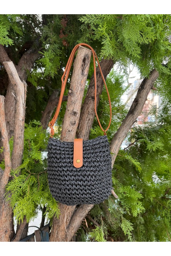 NWC-1077 Siyah El Örgüsü Hasır Çanta 24x23 cm