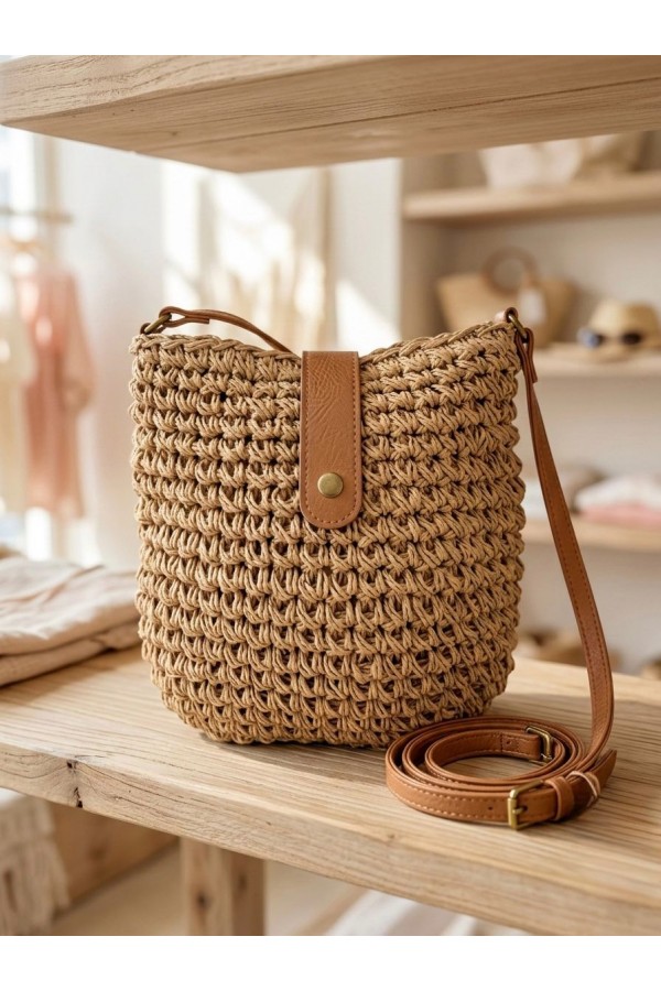 NWC-1077 Camel El Örgüsü Hasır Çanta 24x23 cm