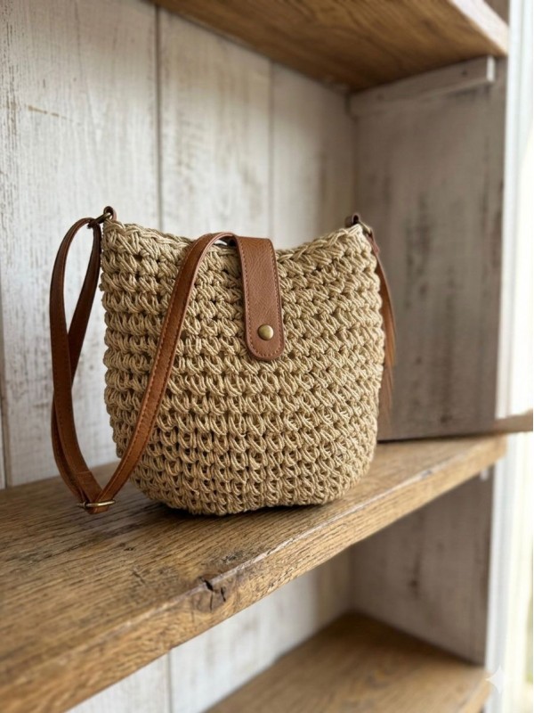 NWC-1077 Bej El Örgüsü Hasır Çanta 24x23 cm