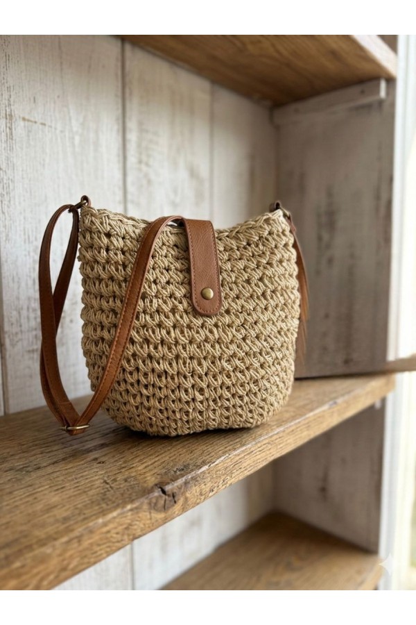 NWC-1077 Bej El Örgüsü Hasır Çanta 24x23 cm