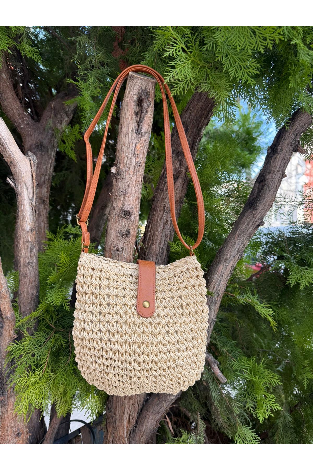 NWC-1077 Bej El Örgüsü Hasır Çanta 24x23 cm