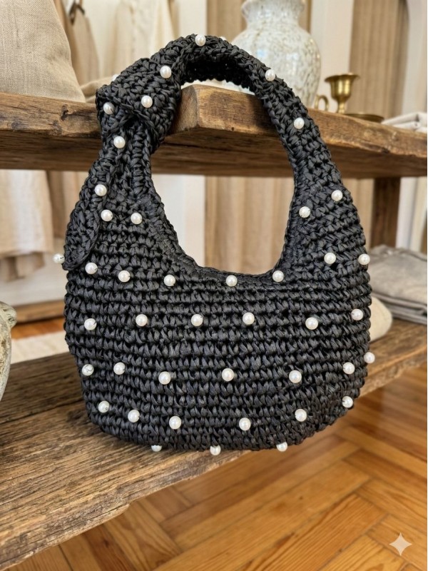 NWC-1054 Siyah İnci Taşlı Hasır El Çantası 43x30 cm