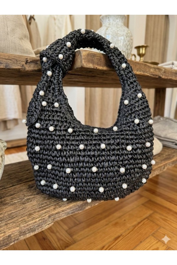 NWC-1054 Siyah İnci Taşlı Hasır El Çantası 43x30 cm