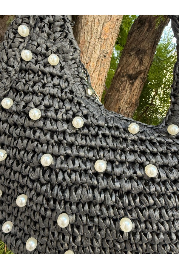 NWC-1054 Siyah İnci Taşlı Hasır El Çantası 43x30 cm