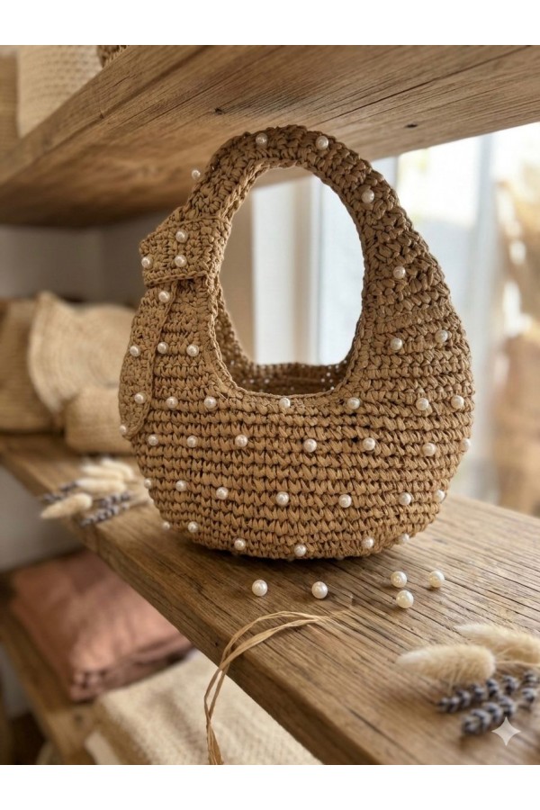 NWC-1054 Camel İnci Taşlı Hasır El Çantası 43x30 cm