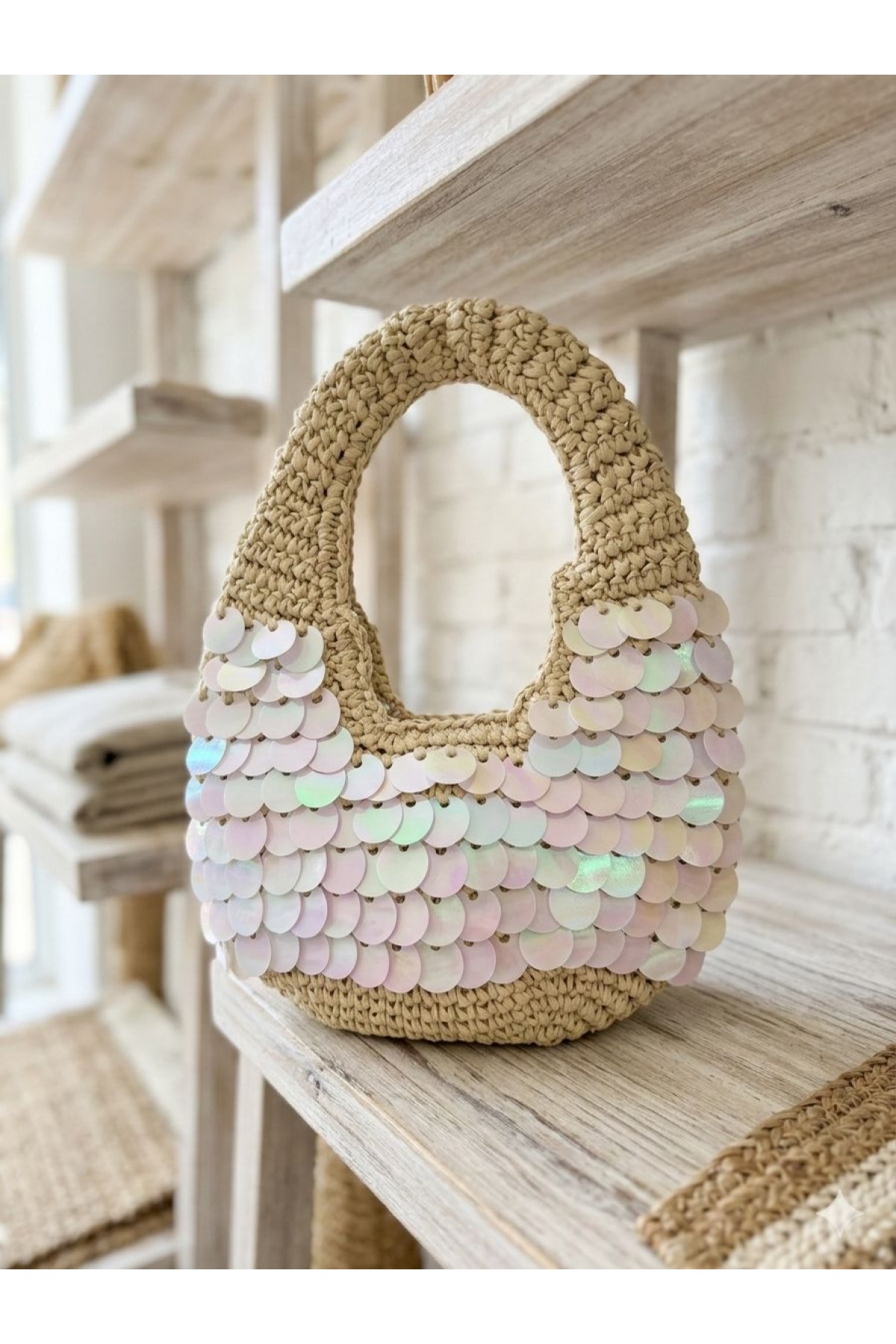 NWC-1056 Bej Pul Payetli Hasır El Çantası 43x30 cm