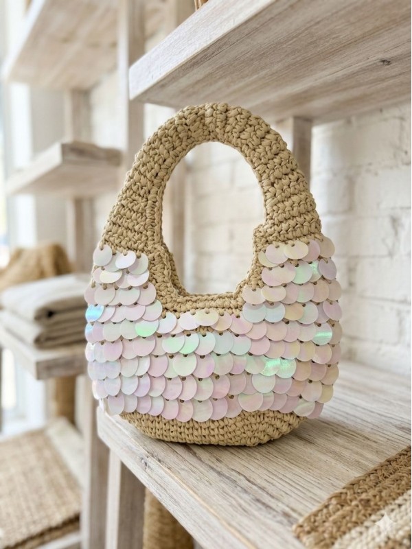 NWC-1056 Bej Pul Payetli Hasır El Çantası 43x30 cm