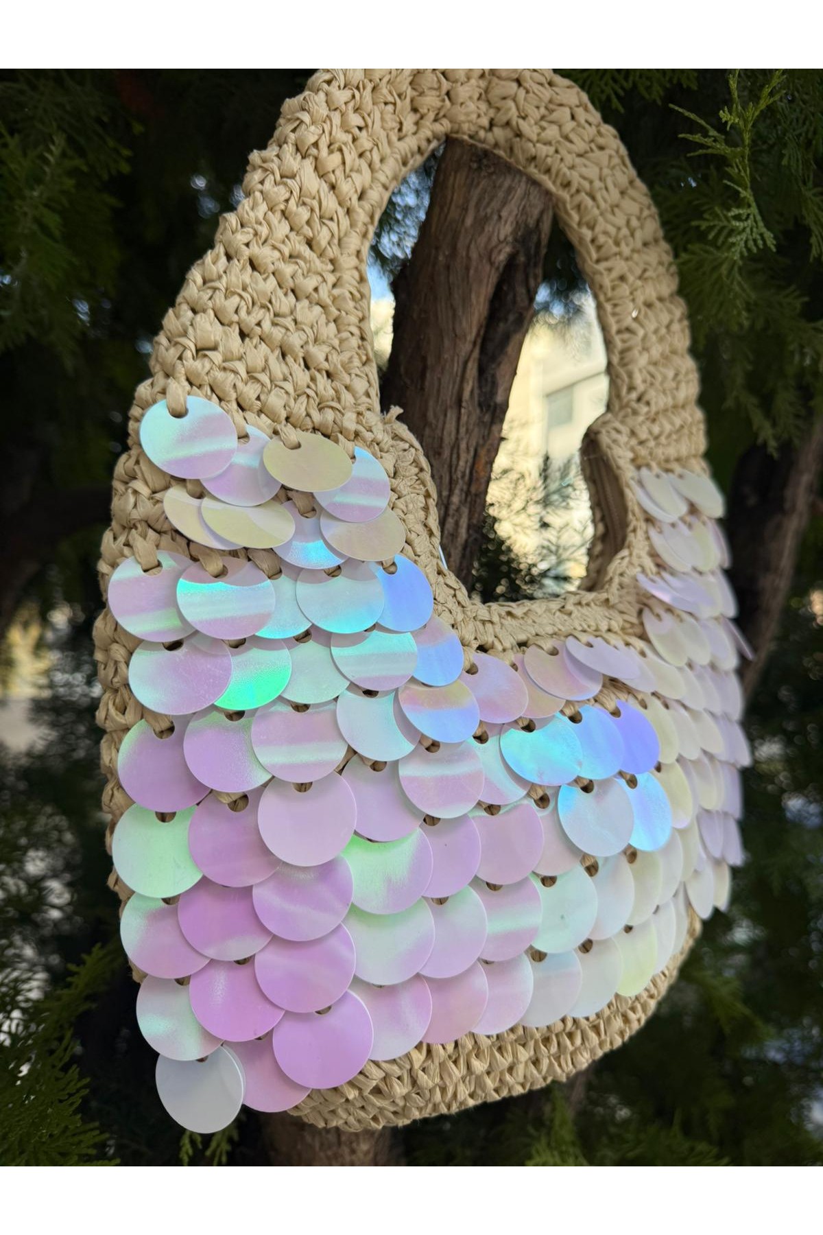 NWC-1056 Bej Pul Payetli Hasır El Çantası 43x30 cm