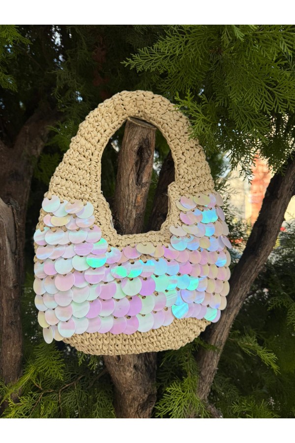 NWC-1056 Bej Pul Payetli Hasır El Çantası 43x30 cm